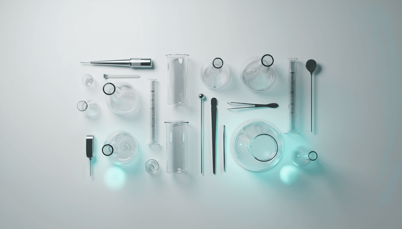 Premium laboratory glassware and scientific instruments arranged with futuristic cyan and electric blue lighting