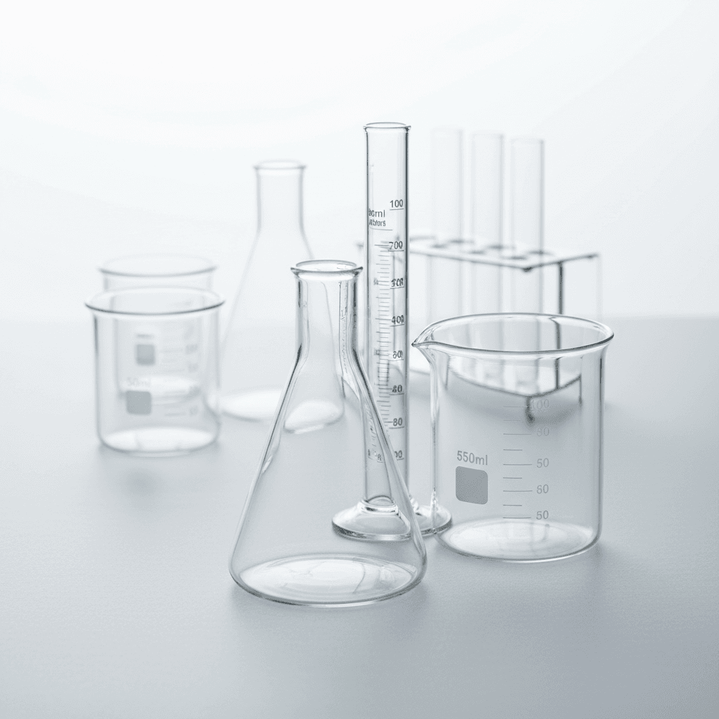 Borosilicate laboratory glassware including beakers, flasks, and cylinders