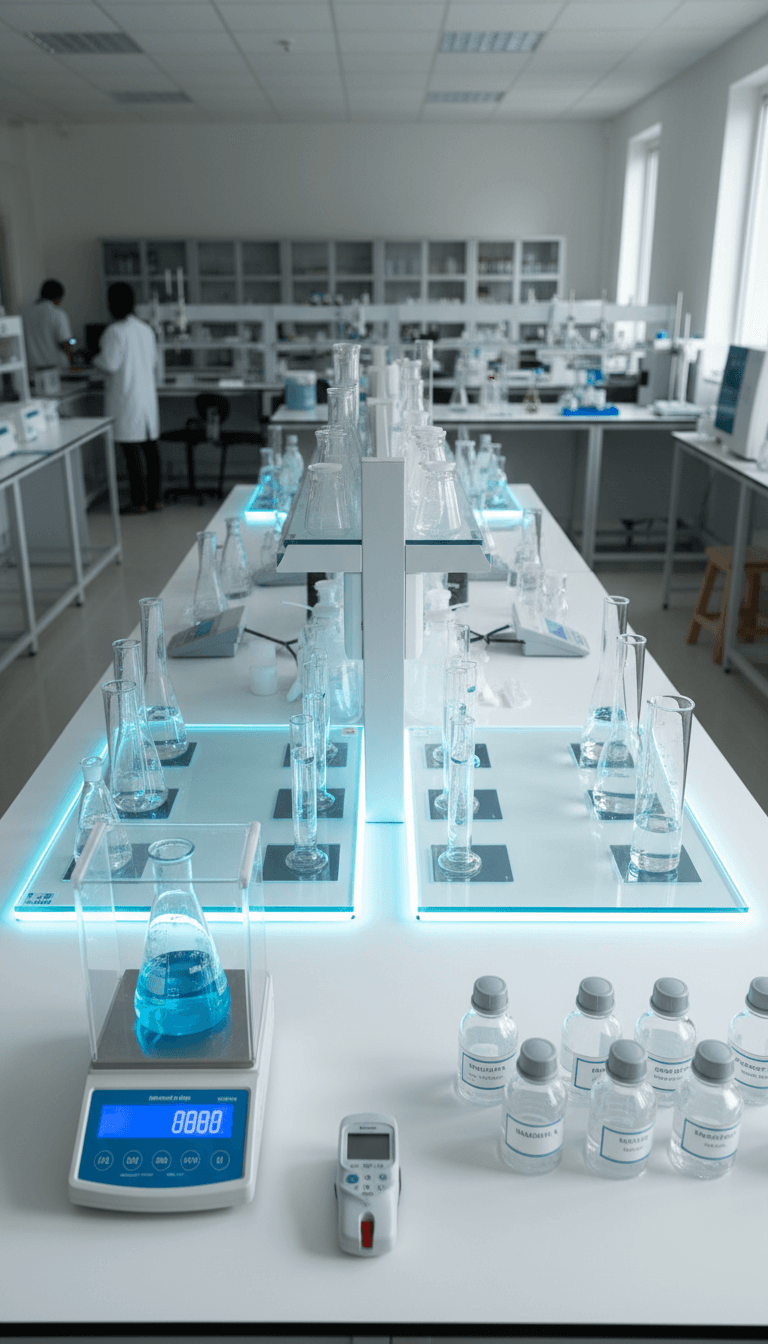 Organized laboratory workspace with glassware, chemicals, and precision instruments arranged on white bench with cyan lighting