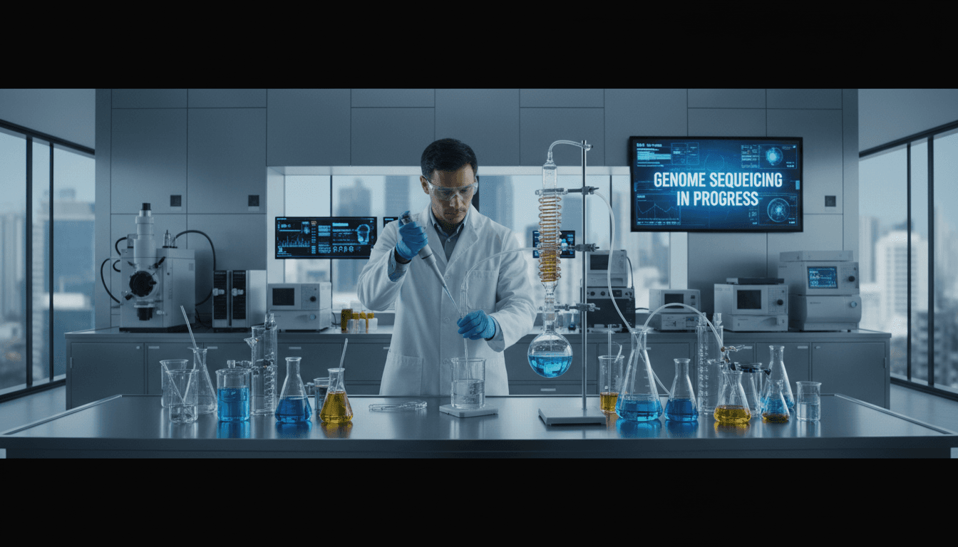Laboratory technician handling scientific equipment and glassware in a modern lab setting