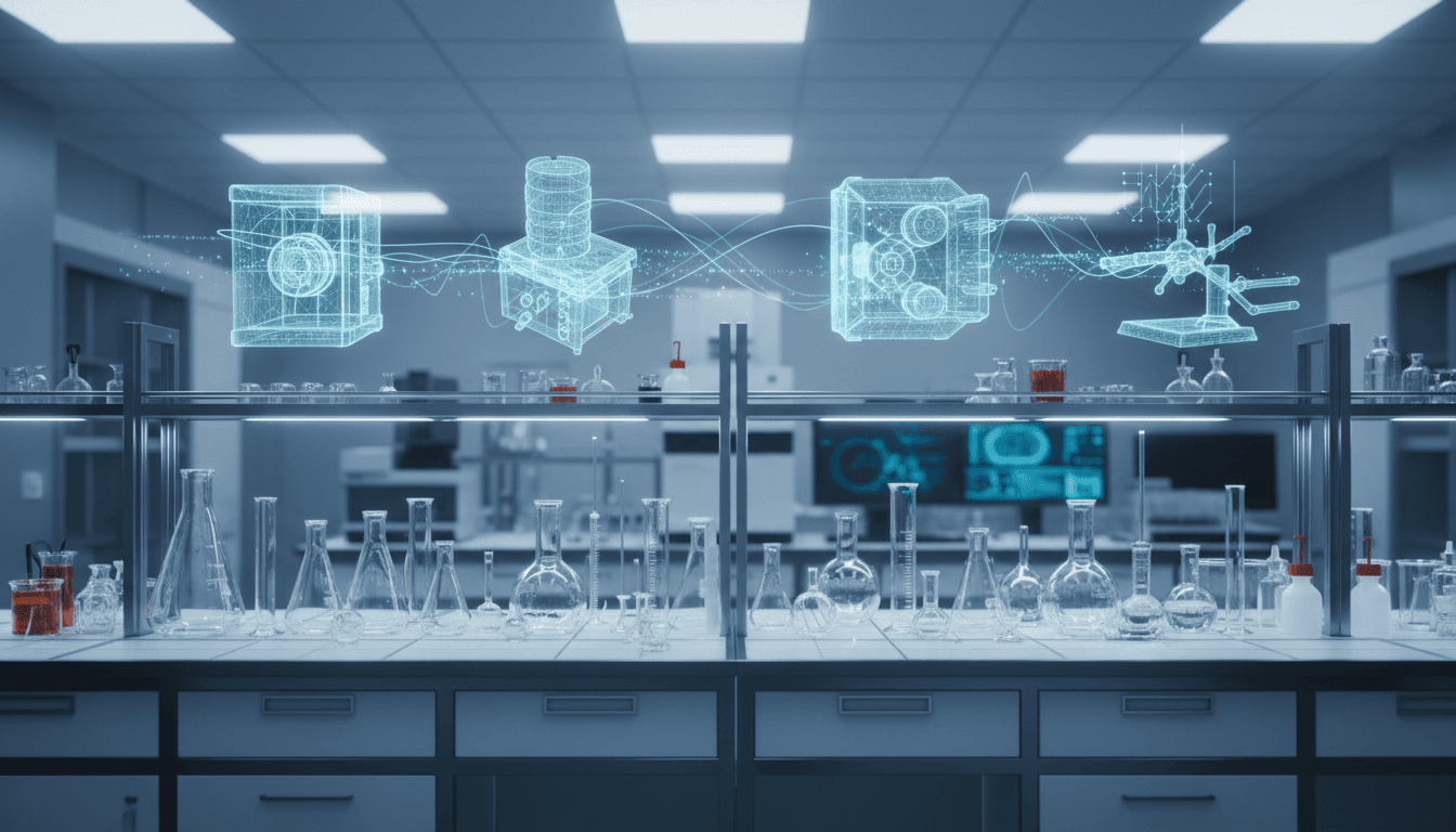 Advanced laboratory glassware and instruments arranged on a modern science workspace