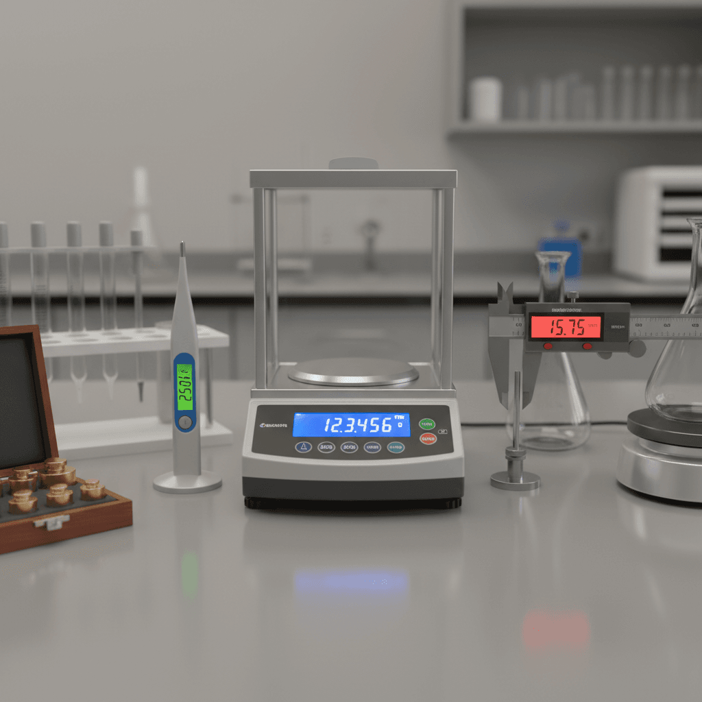 Precision laboratory instruments including calibrated scales and digital measurement devices