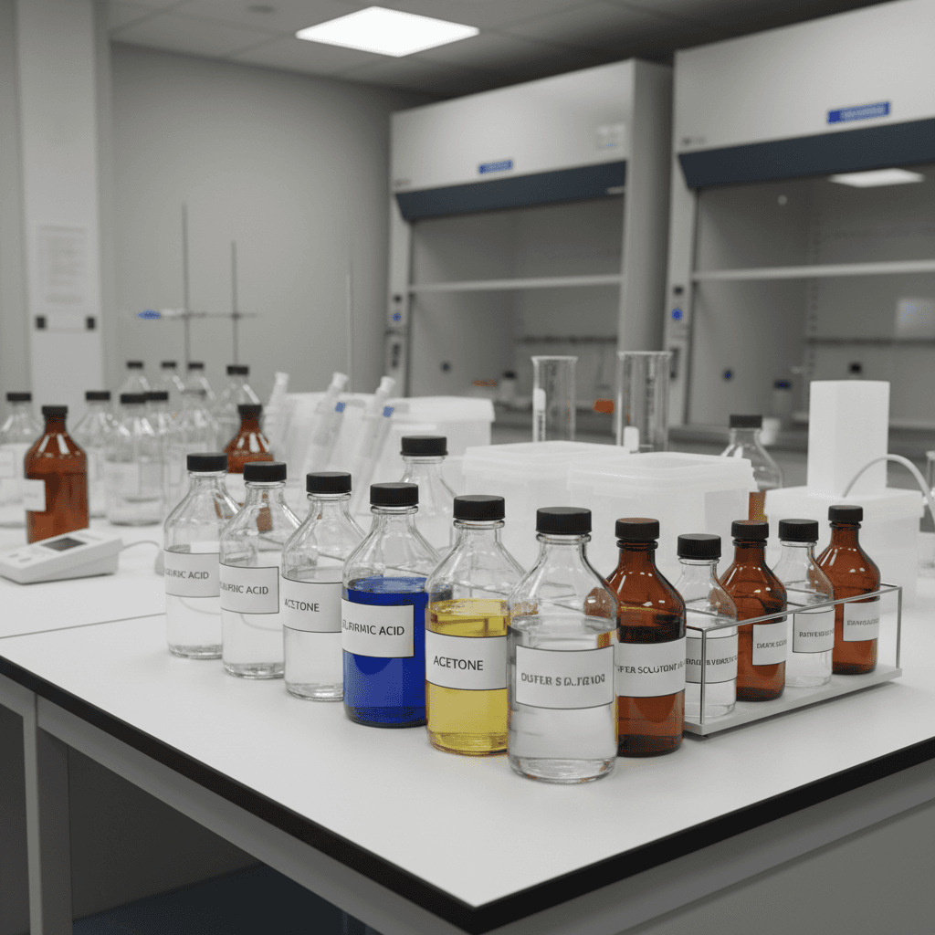 Analytical chemicals and high-purity reagents in labeled storage containers