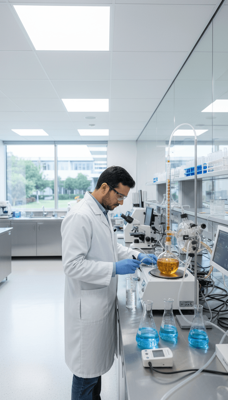 Laboratory technician handling glassware and scientific instruments in a modern lab setting