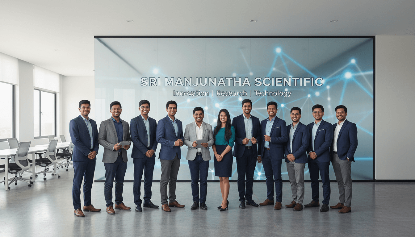 Sri Manjunatha Scientific team posing in front of a modern background.