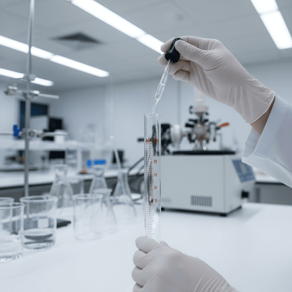 Scientist measuring chemical solution in graduated cylinder