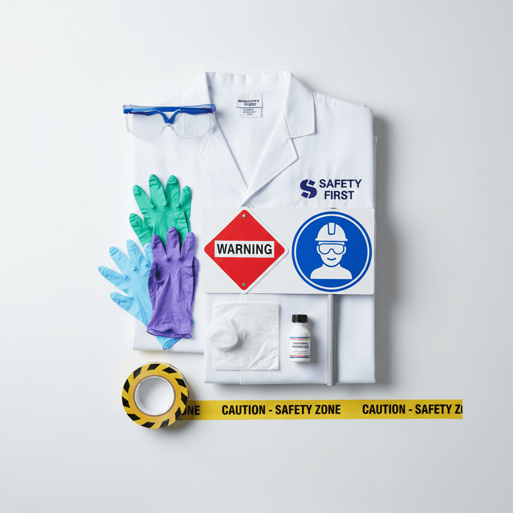 Laboratory safety equipment including gloves, goggles, lab coats, and spill kits