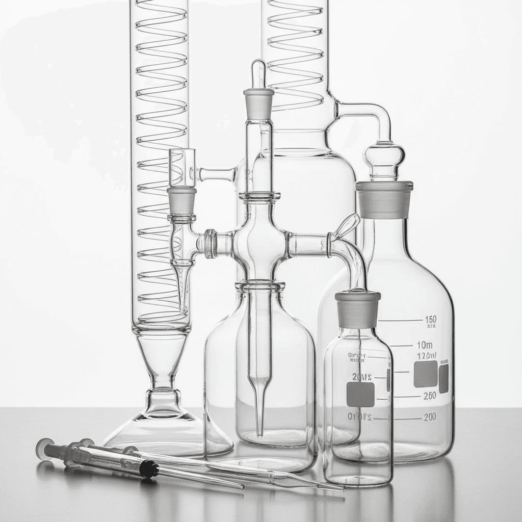 Specialty laboratory glassware featuring specialized connectors and precision-engineered vessels