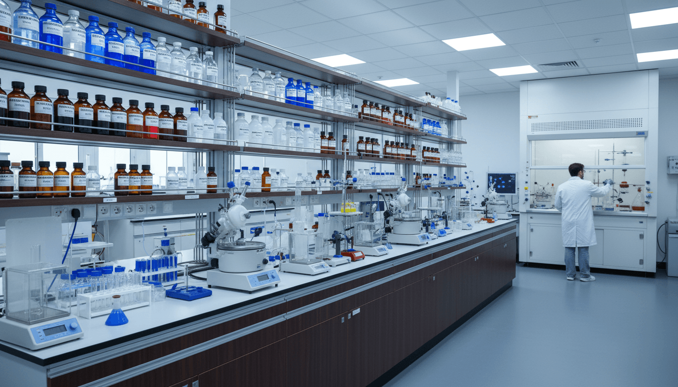 Organized laboratory shelves with chemicals and scientific instruments