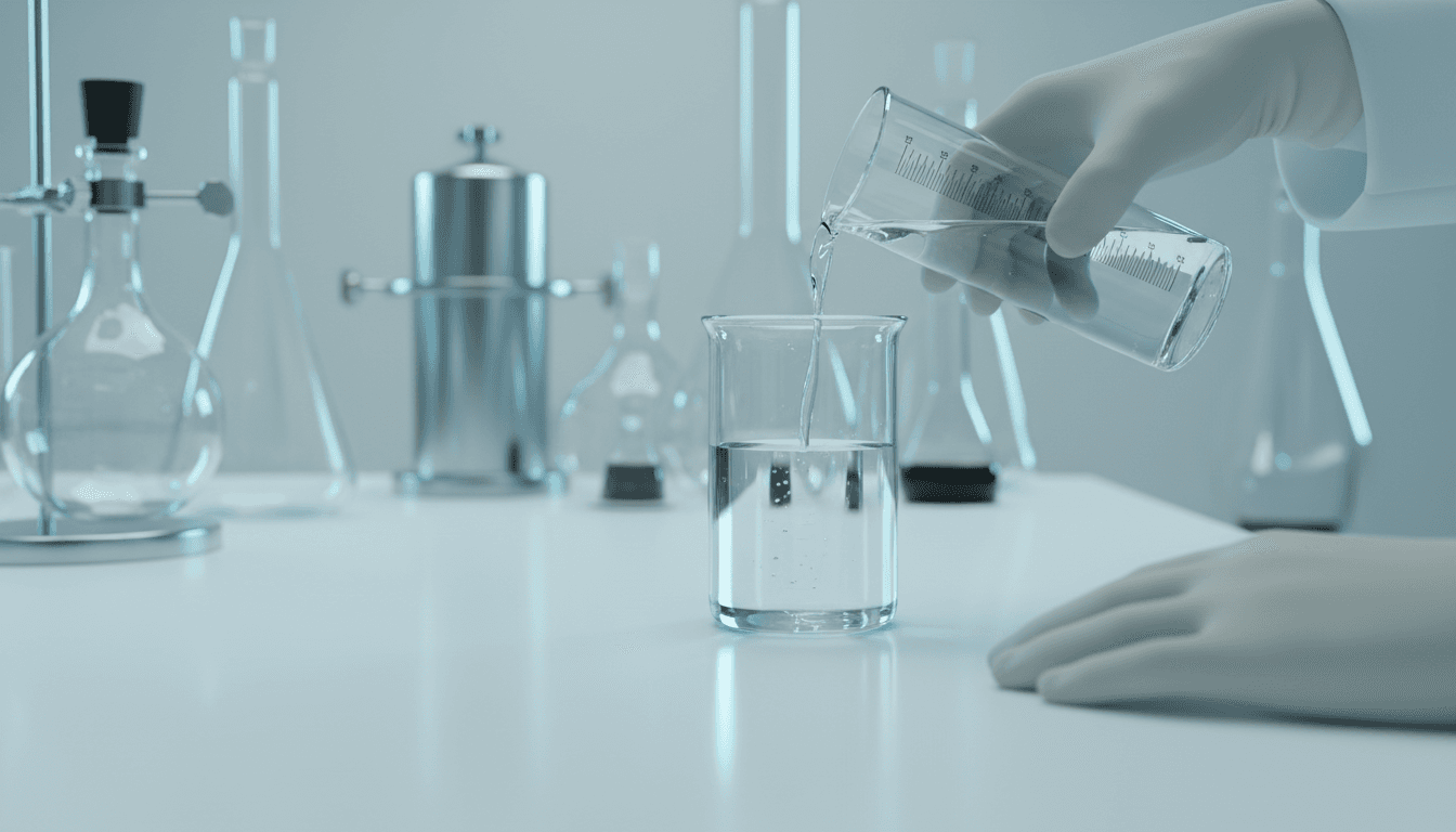 Scientific technician handling laboratory glassware with precision