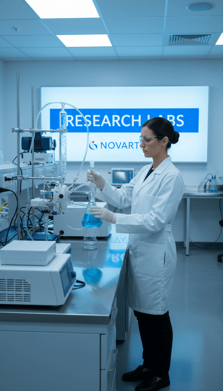 Laboratory professional examining equipment and glassware at scientific workstation