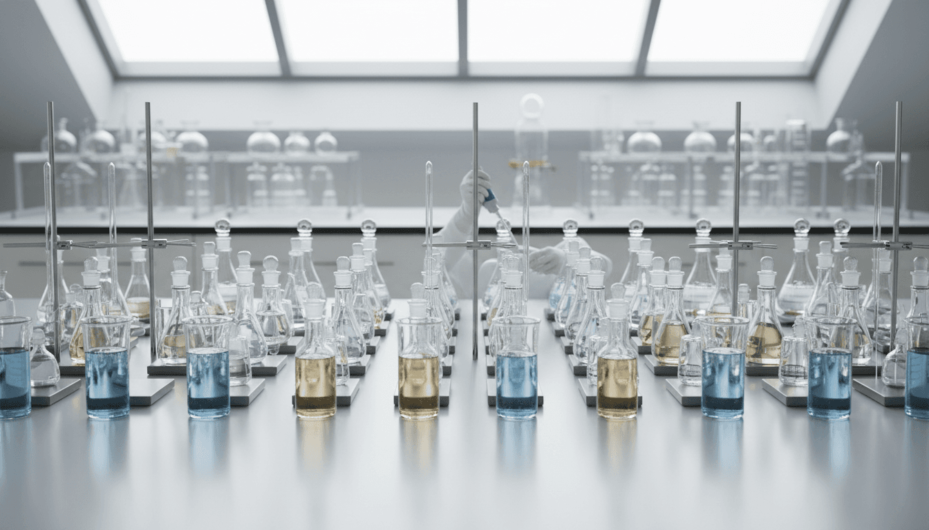 Laboratory workbench with precision glassware, beakers, and scientific instruments arranged for research