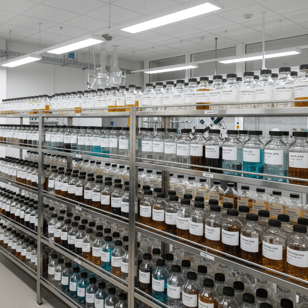 Organized chemical storage with reagent bottles and solutions arranged on laboratory shelving