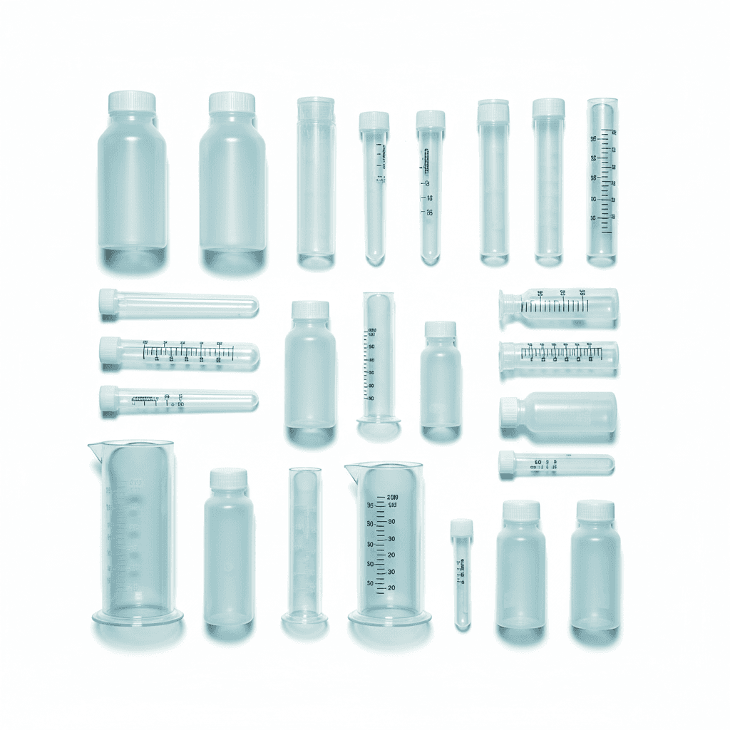 Chemical-resistant plasticware including centrifuge tubes, petri dishes, and storage bottles