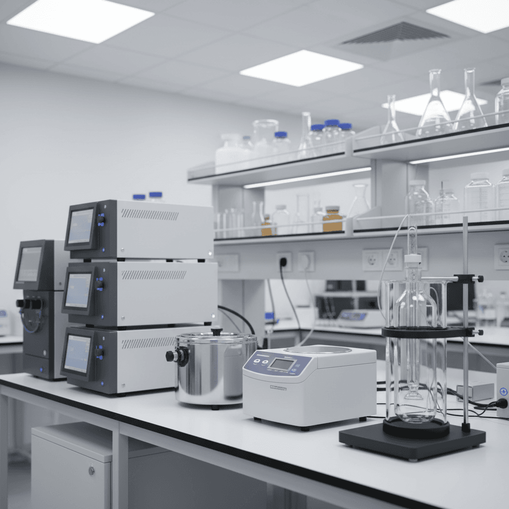 Advanced laboratory instruments and analytical equipment arranged in a modern research workspace
