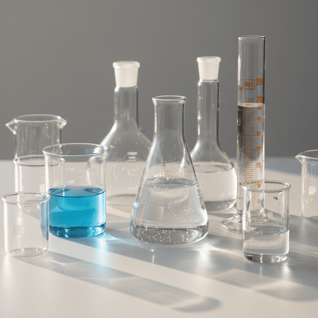 Premium laboratory glassware collection including beakers, flasks, and graduated cylinders