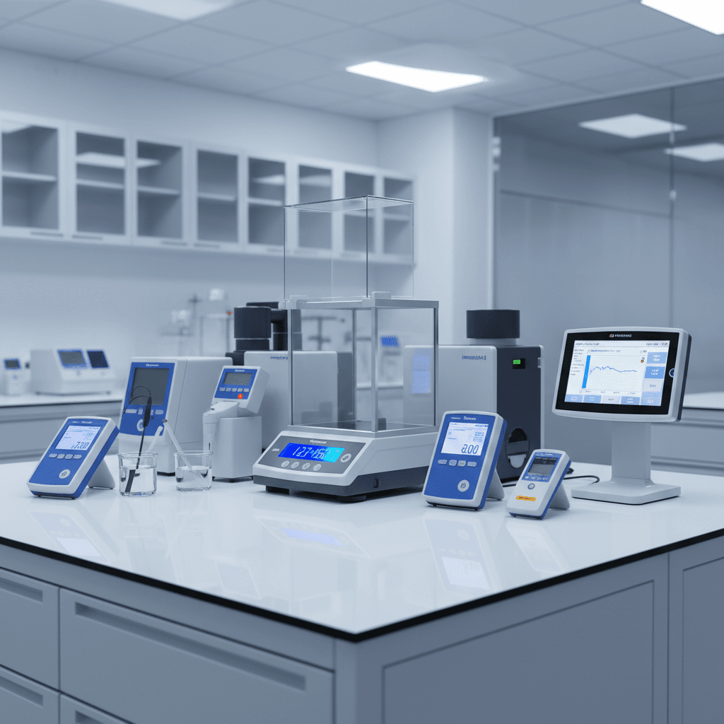 Precision laboratory instruments including analytical balances, pH meters, and spectrophotometers