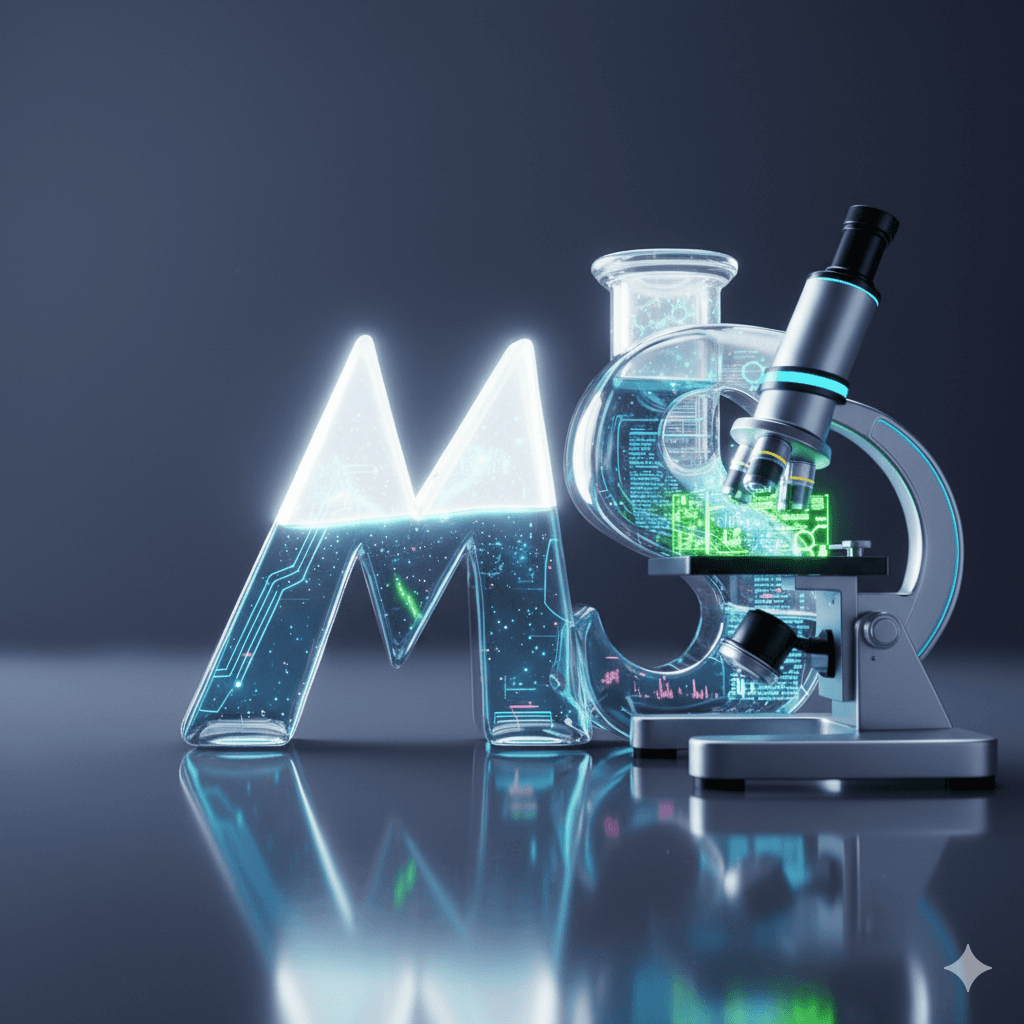 Glowing glass letters M and S filled with digital data beside a modern laboratory microscope.